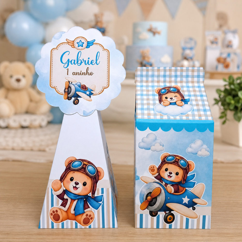Kit Personalizado Ursinho Aviador O Tempo Voa | Lembrancinhas Festa Infantil | Caixinhas | Aniversário