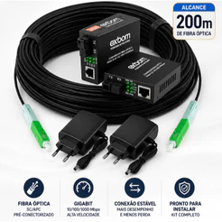 Kit Cabo Fibra Óptica Drop 200m SC/APC + Par Conversor Gigabit RJ45 10/100/1000Mbps Monomodo Pré-Conectorizado Atanel NF