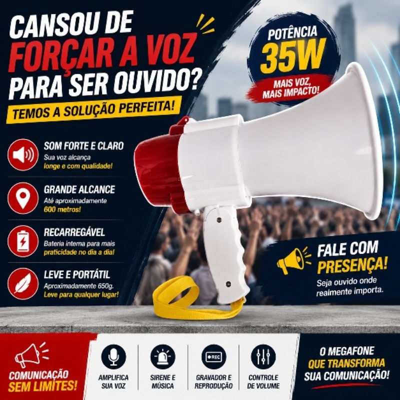 Megafone Portátil Recarregável 35W Alcance 600m Sirene Gravador Amplificador de Voz BM-F944