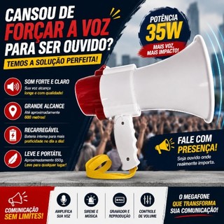 Megafone Portátil Recarregável 35W Alcance 600m Sirene Gravador Amplificador de Voz BM-F944