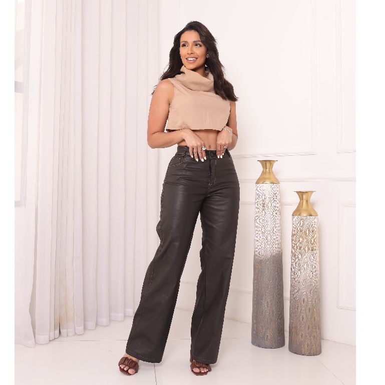 Calça Wide Leg Preta E Marrom Café De Bengaline Cintura Alta Com Elastano Feminina