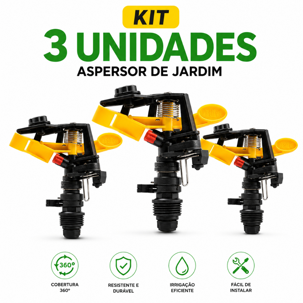 Kit 3 Aspersor Rotativo 360 Graus para Irrigação Jardim 1/2 e 3/4 Bico Regulável Alta Vazão Pressão 1,5 a 3 Bar