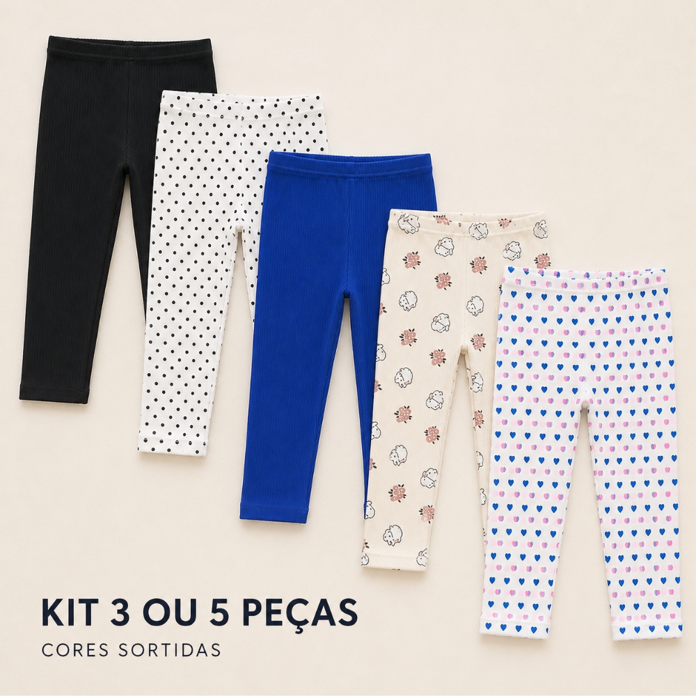 Kit 3 ou 5 Calças Legging Infantil para Menina em Suede Canelado Cós Elástico Cores Sortidas