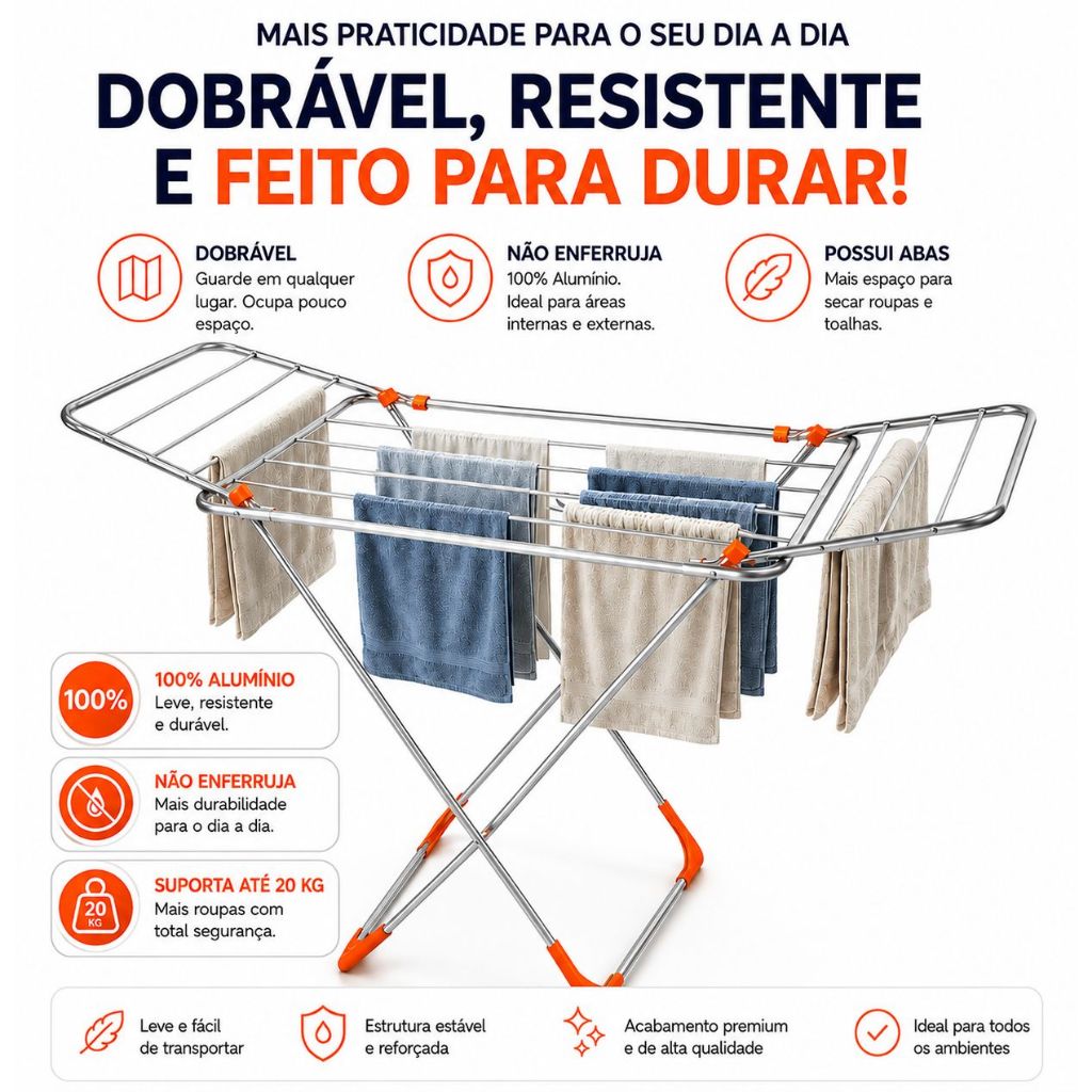 Varal Para Roupas De Chão 100% Alumínio Grande Reforçado Com Abas Dobrável Retrátil Resistente