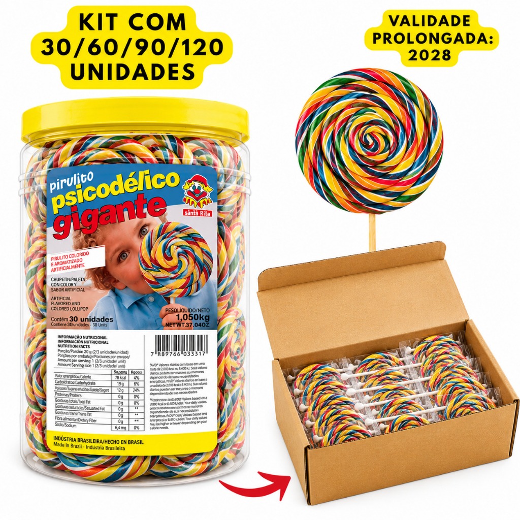 Pirulito Psicodélico Gigante Colorido Chaves 35g Pote ou Caixa Com 30 Unidades| Festa, Lembrancinha e Doces