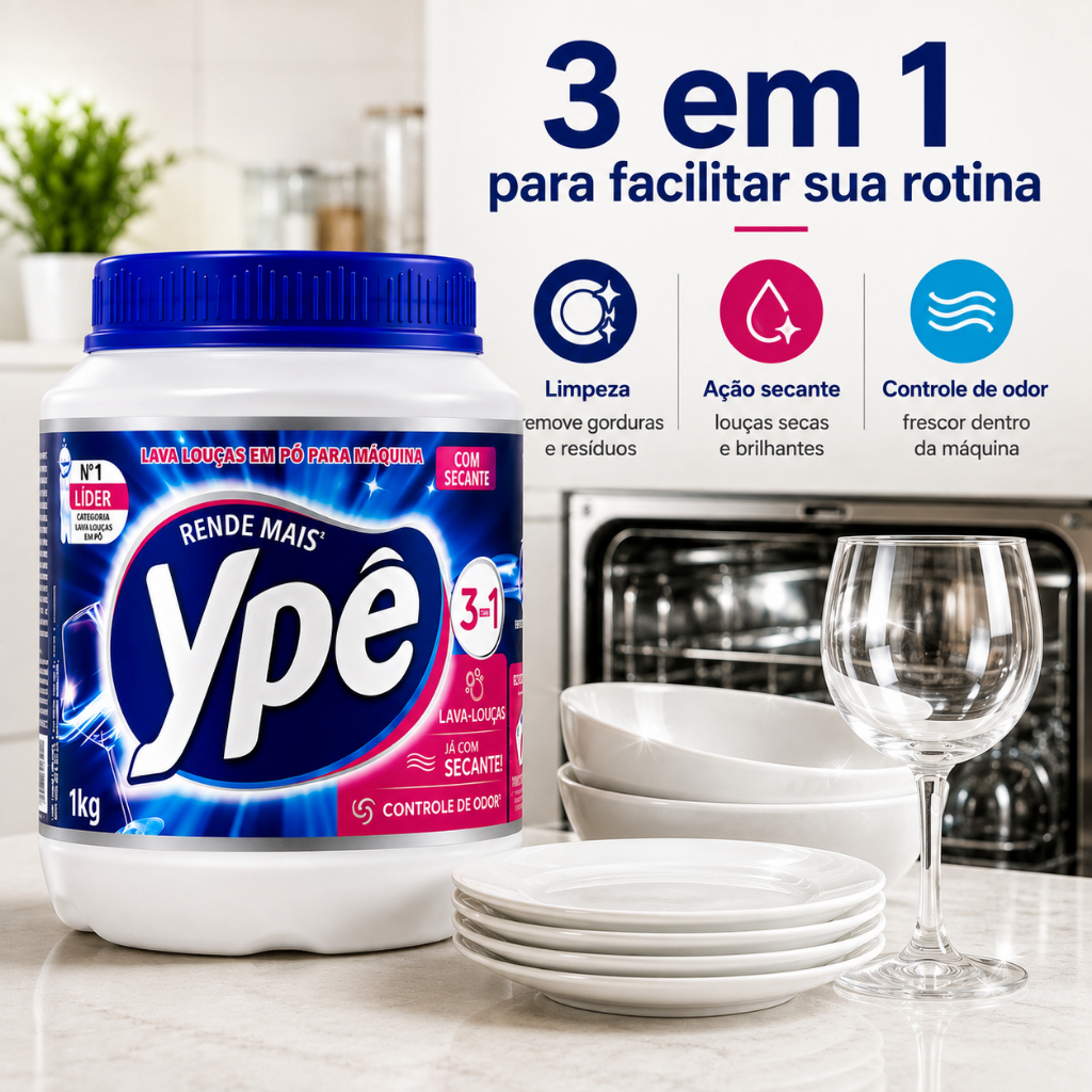 Sabão Detergente Lava Louças Ypê 1kg Máquina 3 em 1, ação secante e controle de odor.