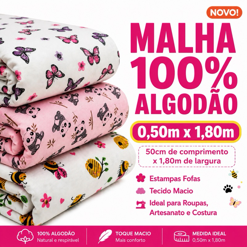 Tecido Malha 100% algodão fio 30/1 VÁRIAS ESTAMPAS 0,50m x 1,80 infantil, personagem pra pijamas, calcinha, pet