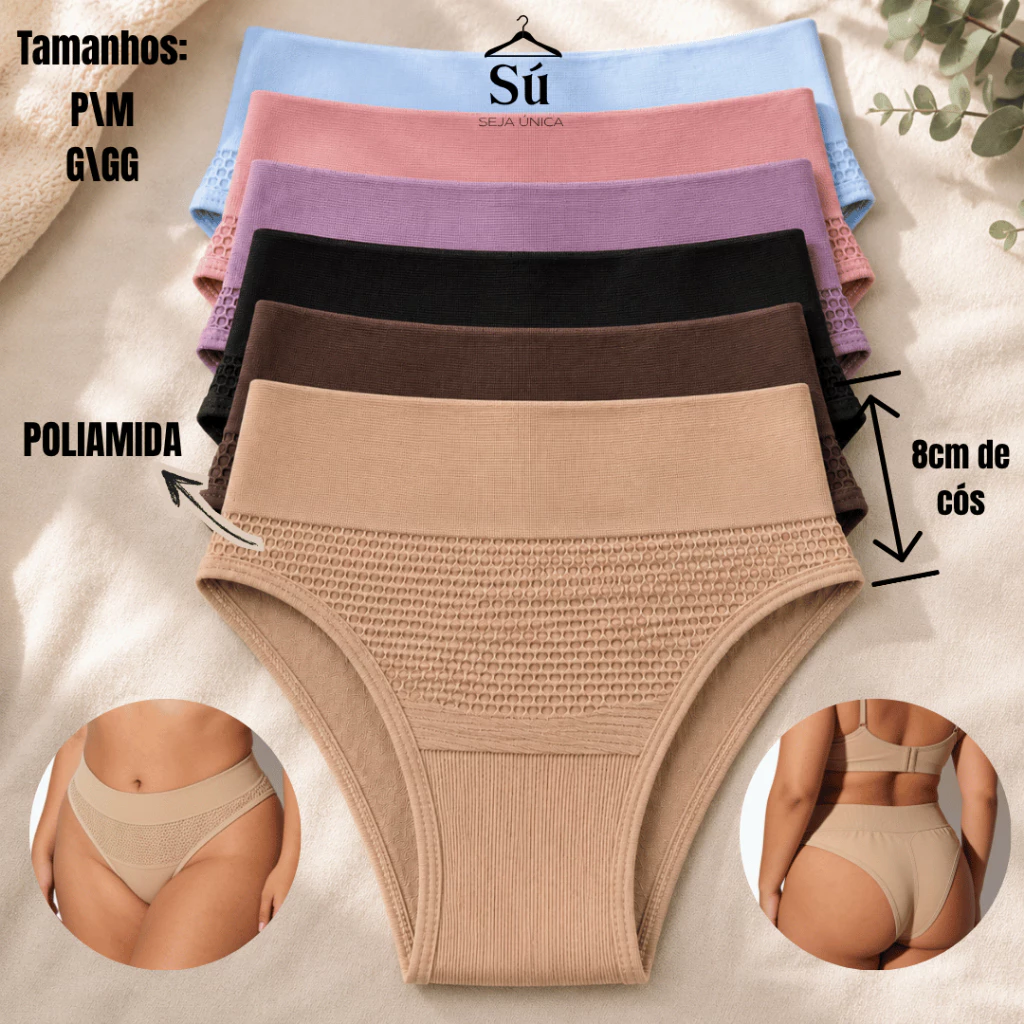 Kit 5 Calcinhas Conforto Feminina Cós Alto Duplo Poliamida Premium Não Marca — imagem 1