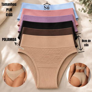 Kit 5 Calcinhas Conforto Feminina Cós Alto Duplo Poliamida Premium Não Marca