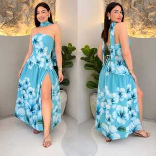 Vestido Floral Feminino Longo Con Fenda e Amarração nas Costas Verão 2026