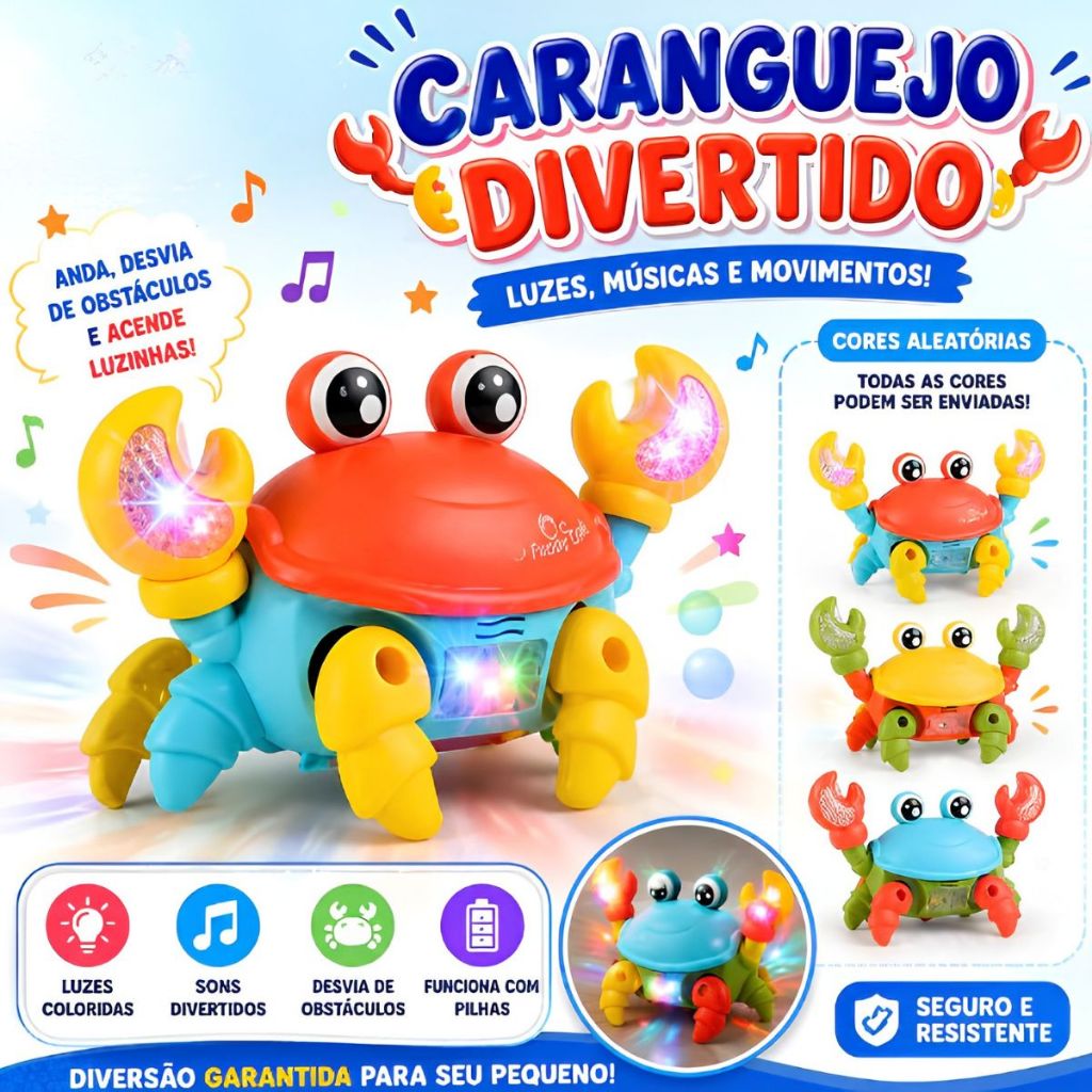 Caranguejo Musical Fujão Luz e Som Brinquedo Divertido para Bebes Dança Carangueijo Movimento Luz