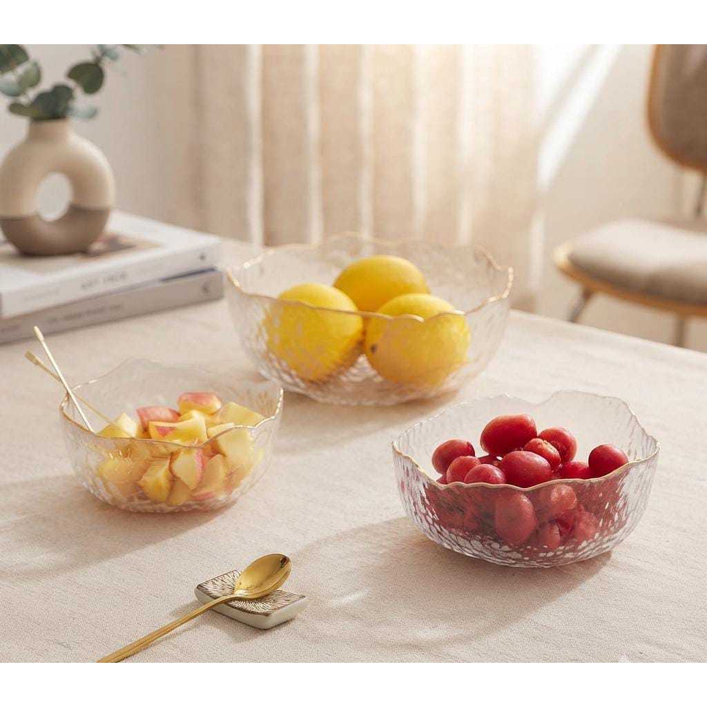 Kit 3 Bowls Vidro Canelado Borda Dourada Ouro Conjunto Saladeira Petisqueira Sobremesa Servir Mesa Posta