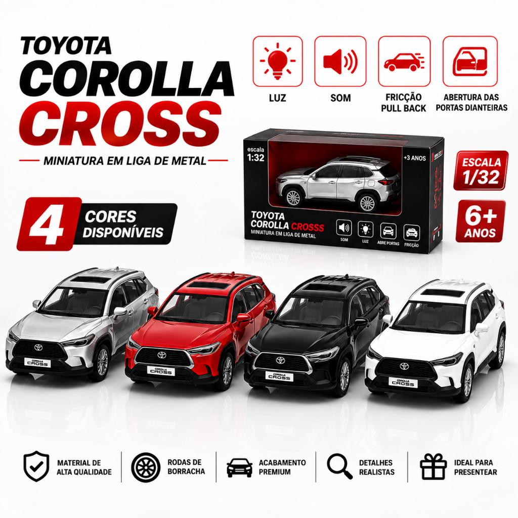 Miniatura Corolla Cross Escala 1:32 Metal Colecionável Realista com Fricção Abre Portas SUV