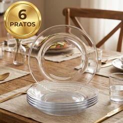 Kit 6 Pratos Fundos Vidro Liso Transparente Resistente Almoço E Jantar Buffet Vista Home