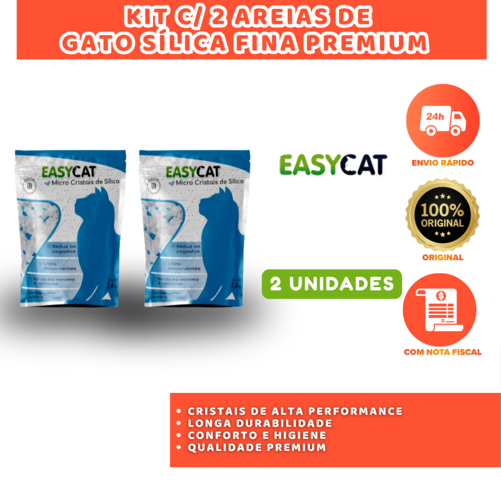 KIT 2 AREIAS DE GATO EASY CAT SÍLICA FINA 1,6KG CONTROLE DE ODORES E UMIDADE