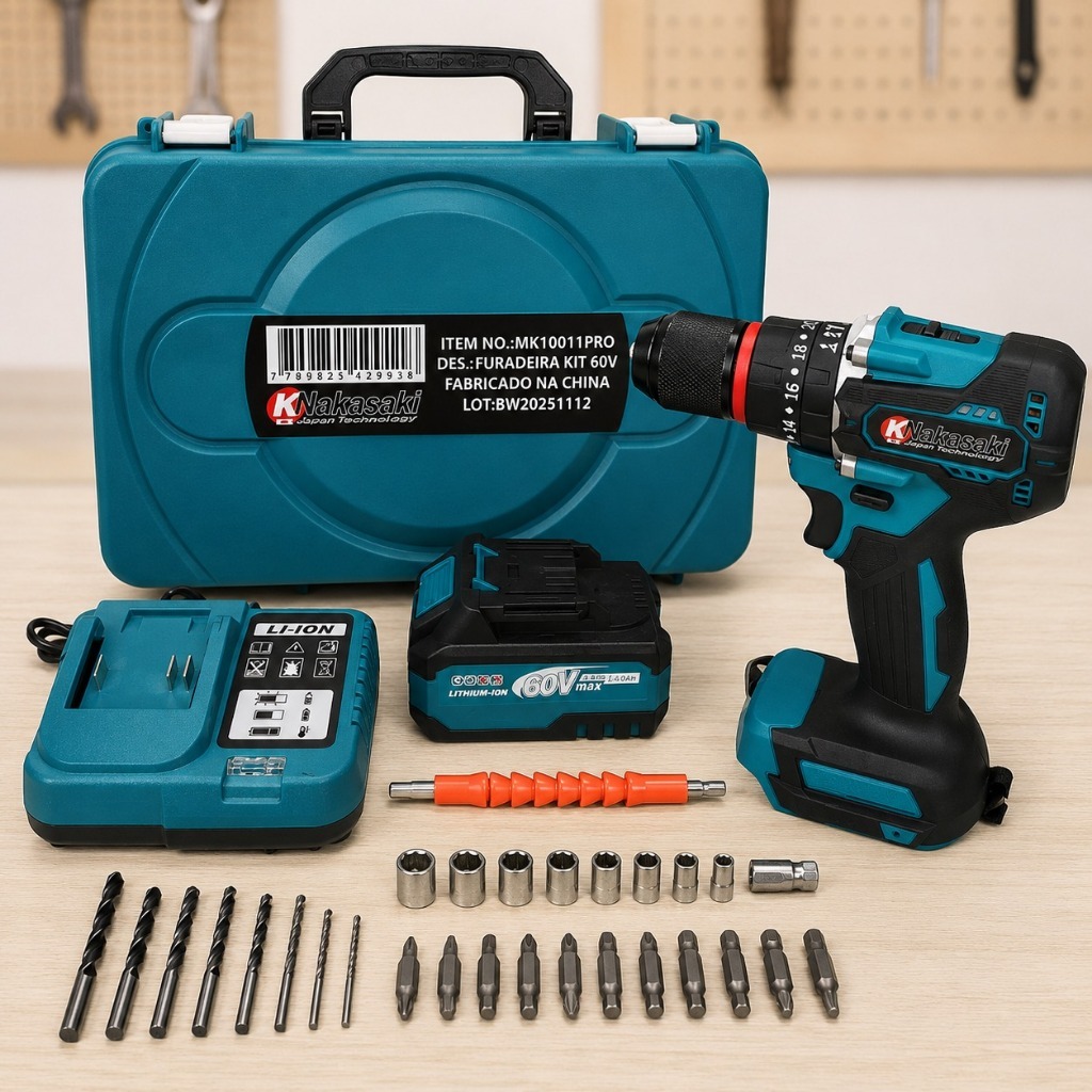 Parafusadeira Furadeira de Impacto 60V Brushless  Nakasaki 55Nm Profissional + Maleta