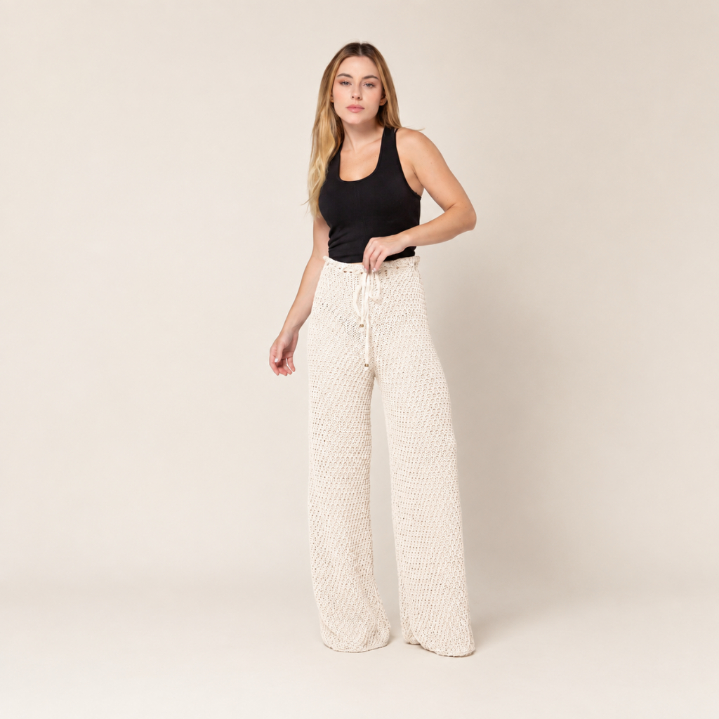 Calça Lisa Saída de Praia Feminina Tricot Crochê Tendência Verão Tricô Premium