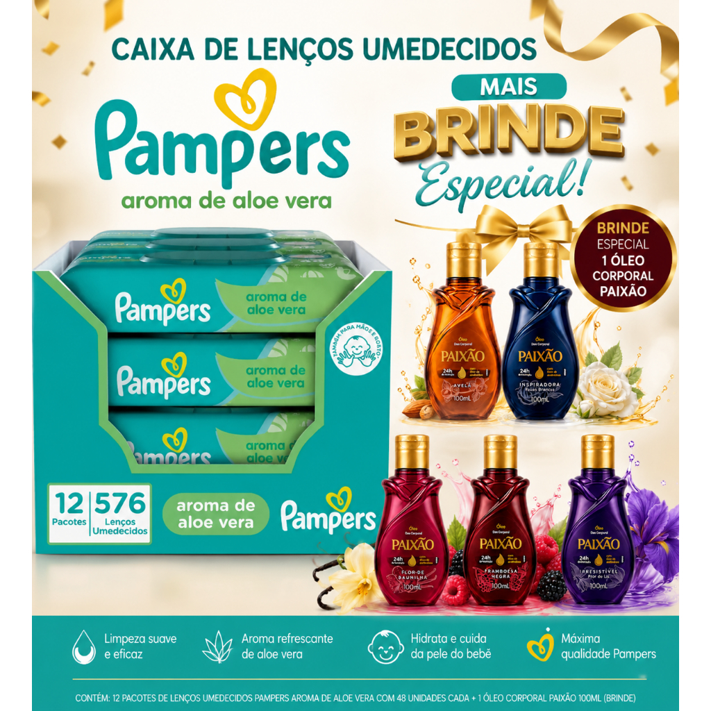 Caixa Com 576 Lenço umedecido Pampers toalha Aloe Vera 12 pacotes mais um Brinde especial oleo corporal paixao