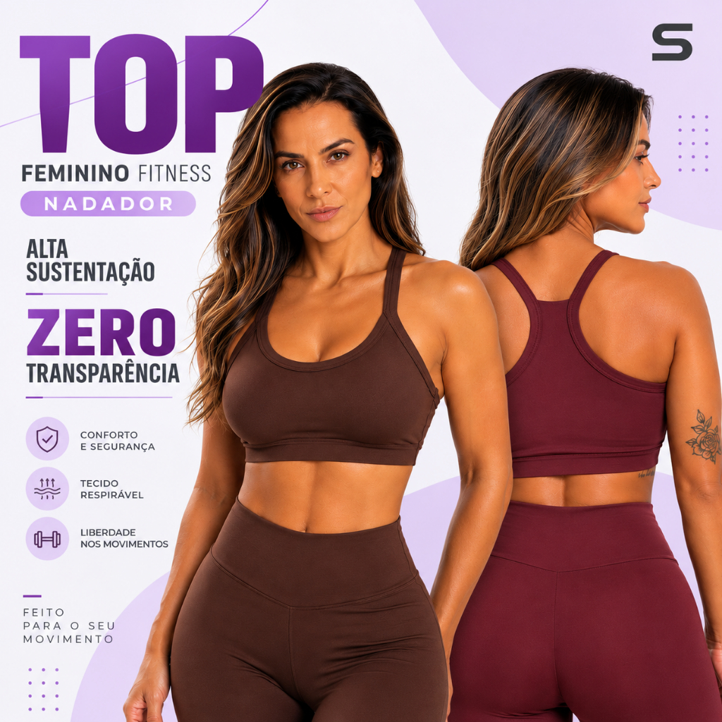 Top Feminino Fitness Nadador Alta Sustentação Zero Transparência Academia Musculação Treino Confortável