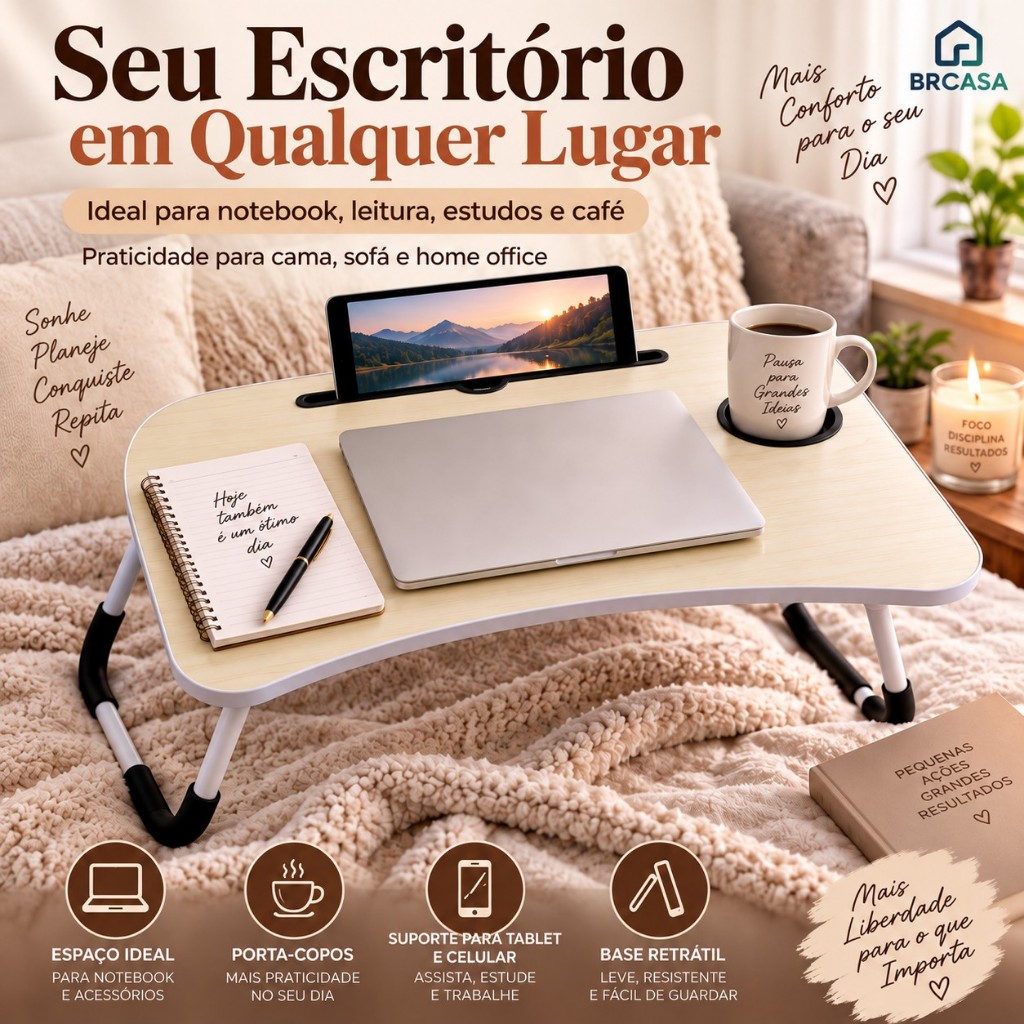 Mesa Notebook Dobrável Portátil 60x40cm C/ Suporte Tablet Celular Porta Copo Para Cama Sofá Home Office