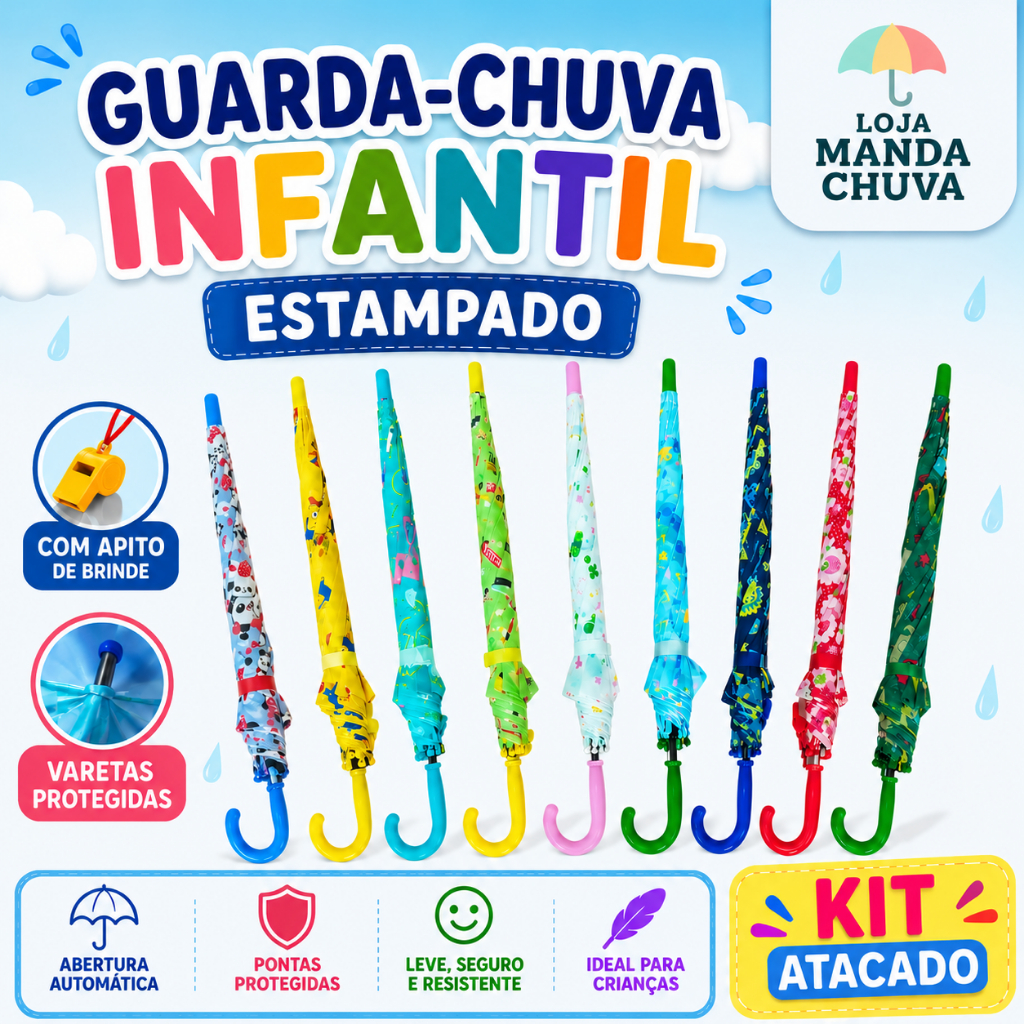 KIT 10/16/20/26 Guarda Chuva Infantil Estampado Automático Menino Menina com Apito Varetas Protegidas Cabo Curvo