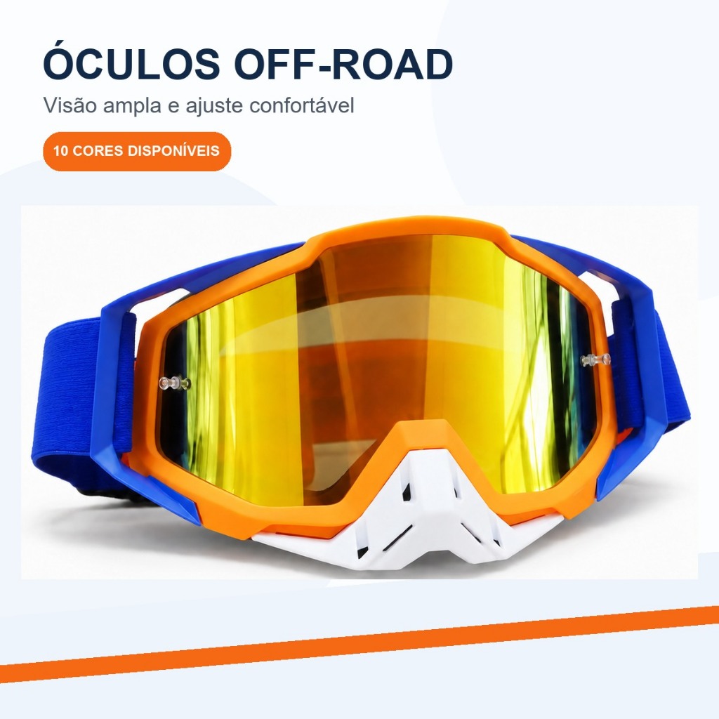 Óculos Off-Road Motocross Lente em PC Visão Panorâmica Ventilação Faixa Ajustável com Espuma Interna 10 Cores