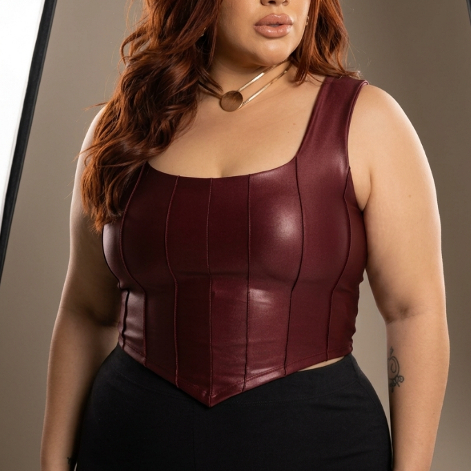 Blusa Cropped Plus Size Feminino Regata Retro Couro Fake Top Corset Crooped Corselet Alcinha Com Bojo