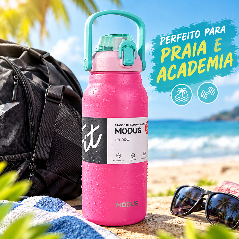MODUS Garrafa Térmica 1,7L Inox 304 À Prova de Vazamentos, Alça Transporte, Base de Silicone Antiderrapante