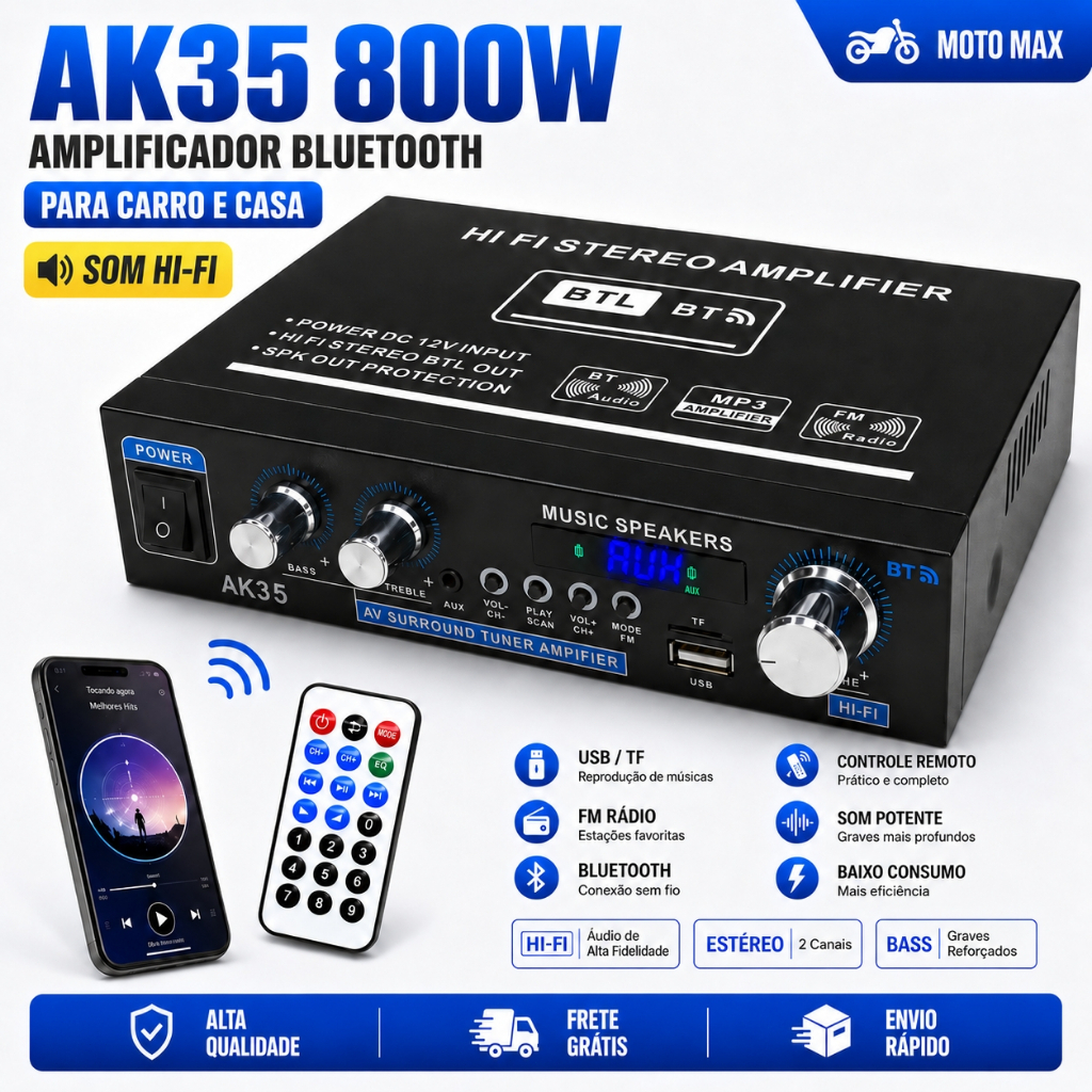AK35 Amplificador Digital de Áudio Bluetooth 800W FM 110-240V para Casa e Auto USB SD com Controle Remoto