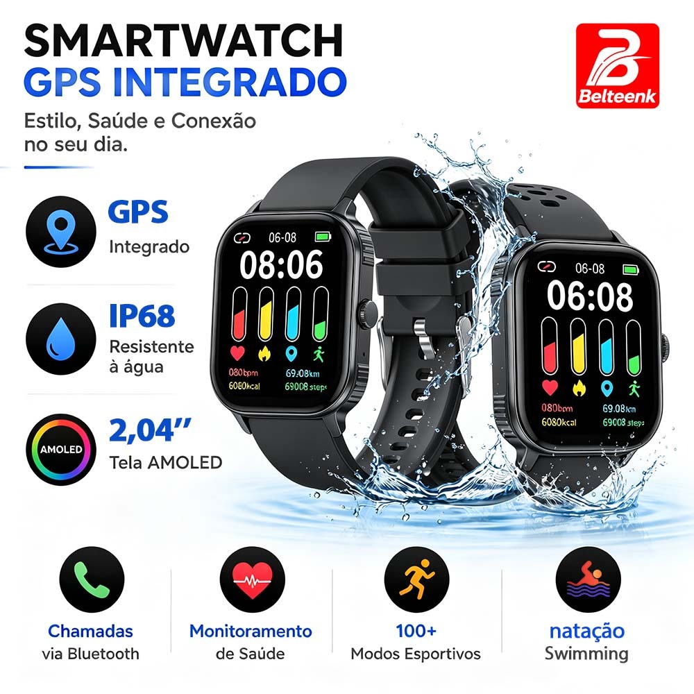 GPS Smartwatch Relógio masculino/feminino Belteenk JU105 2.04'HD Bateria dura 15 dias IP68 à Prova de água Monitor Saúde