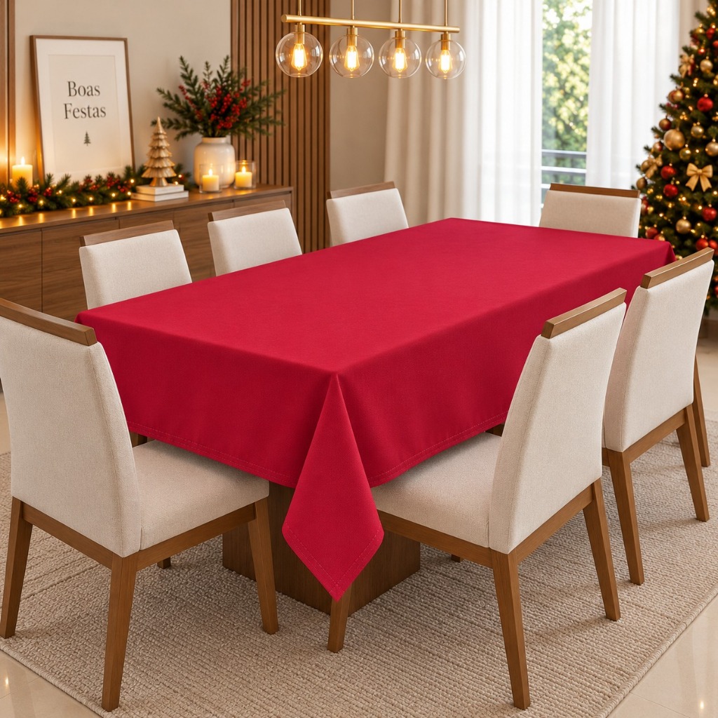 Toalha de Mesa Natal 8 Lugares, Toalha de Mesa Retangular 2,50x1,40m, Tecido Oxford, Mesa Posta