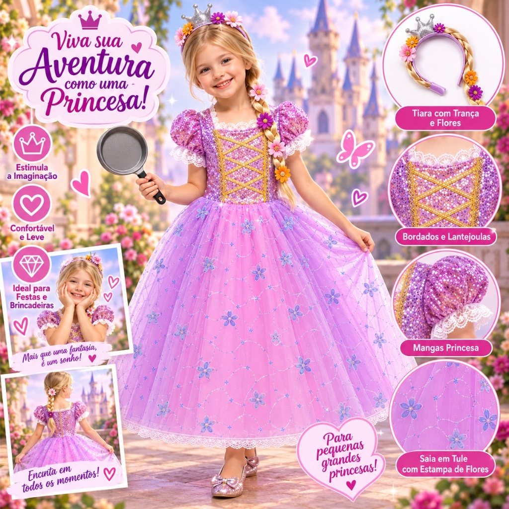 Fantasia Rapunzel  Infantil Menina Vestido Luxo Princesa Rapunzel + tiara enrolados Completa