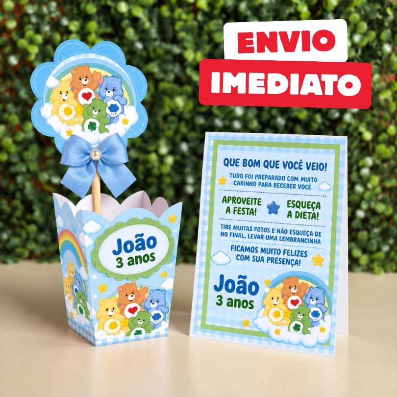 Kit Centro de mesa Ursinho Carinhosos Azul Menino |Cachepô Personalizado Enfeite Plaquinha Decoração