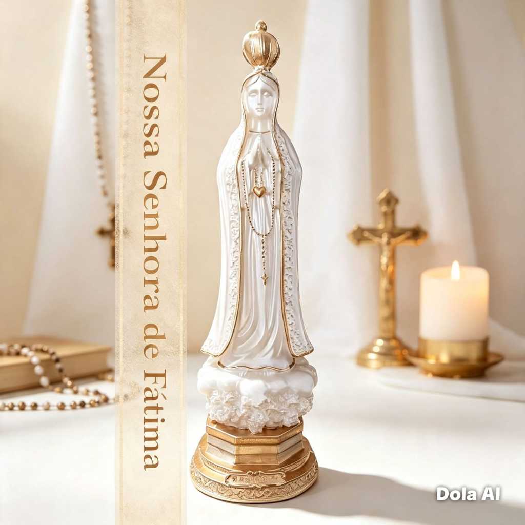 imagem nossa senhora de Fátima GRANDE 44 cm gesso pintura pérola e dourado presente de fé decoração religiosa arte sacra