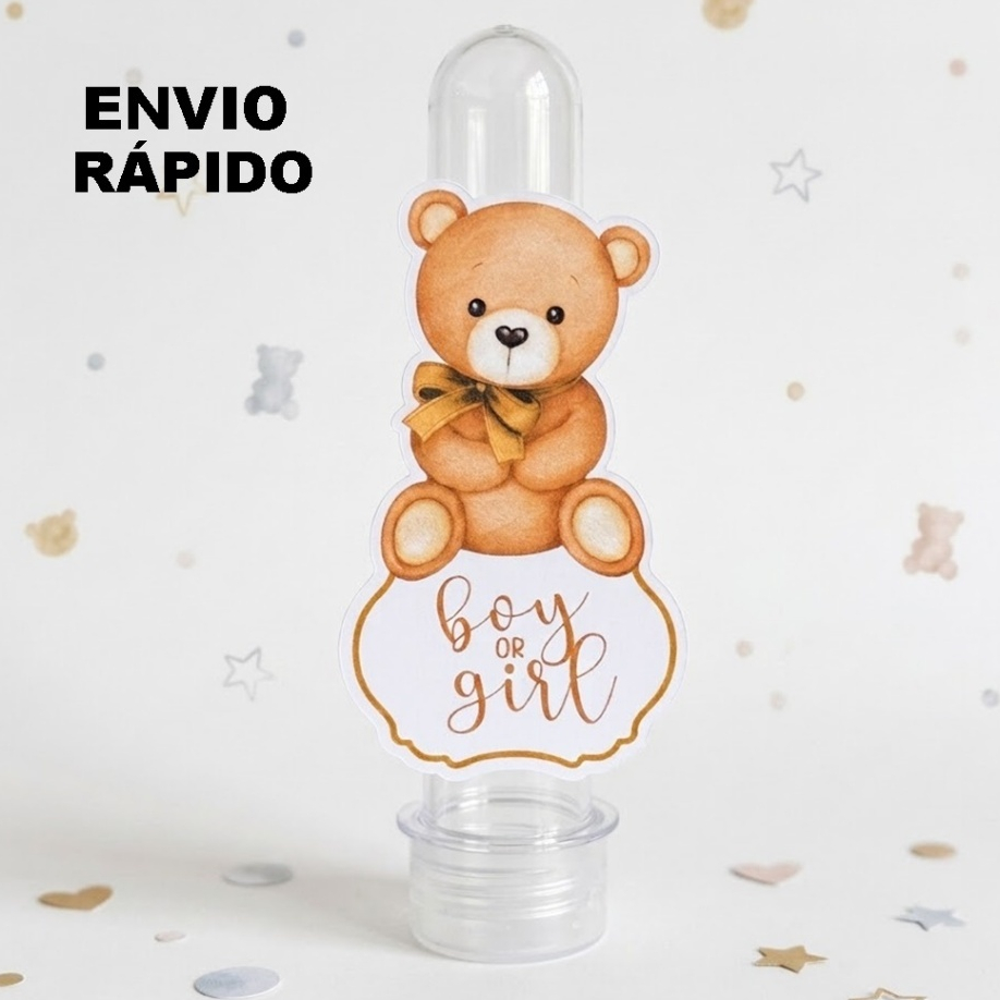Apliques para Tubetes Chá Revelação Ursinho Bege  Festa infantil  Lembrancinhas personalizadas