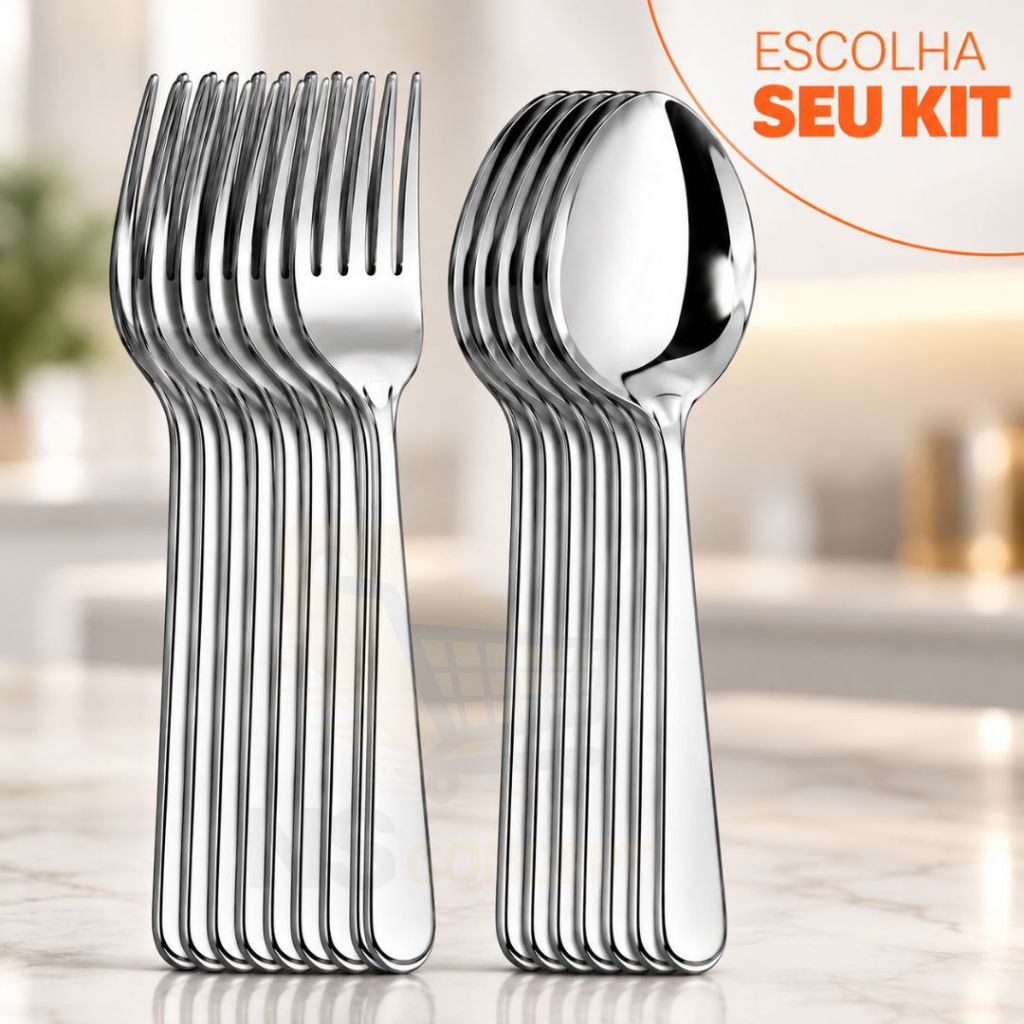 Kit 12/24/36 Ou 48 Talheres Aço Inox Inoxidável – Garfos + Colheres Jantar | Talheres Resistentes, Inox Premium