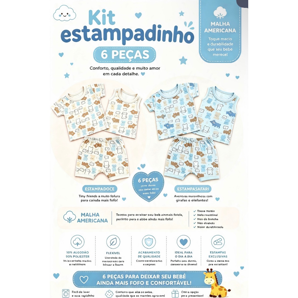Kit Com 6 Peças Conjunto Verão Camisetinha e Shorts Para Bebe Estampas Variadas 100% Algodão