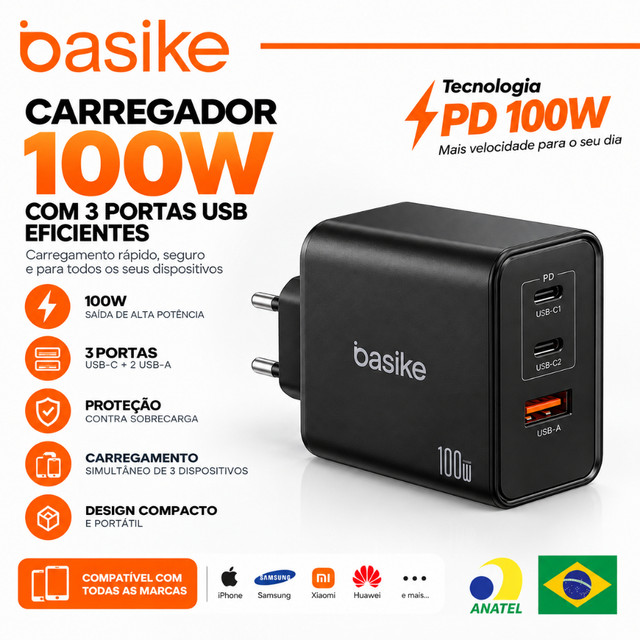 Basike Carregador GaN 100W Turbo 3 Portas USB-C USB-A PD 3.0 QC 3.0 PPS Para Notebook, iPhone, Samsung e Tablet