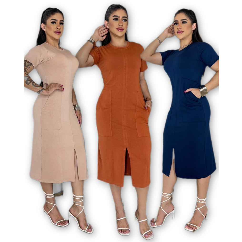Vestido Feminino Midi Casual Com Bolso, Elegante Malha Com Elastano Ajuste Perfeito