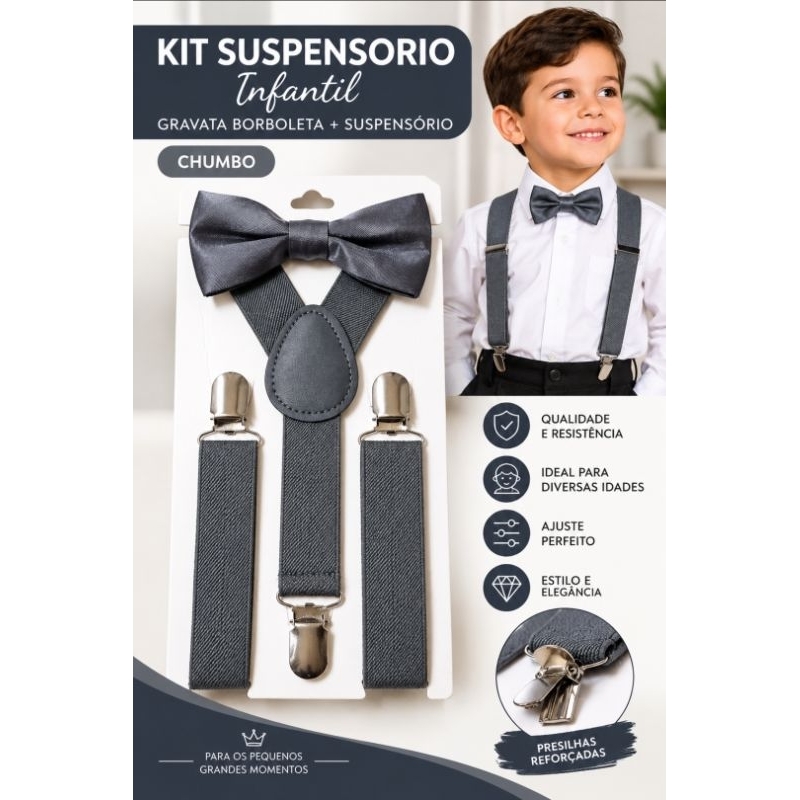 Kit Suspensório Infantil Chumbo com Gravata Borboleta Ajustável para Menino Festa Casamento