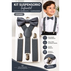 Kit Suspensório Infantil Chumbo com Gravata Borboleta Ajustável para Menino Festa Casamento