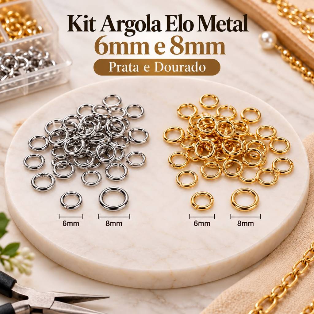 kit Argola Elo Metal Bijuterias De Artesanato 6mm E 8mm - Prata E Dourado