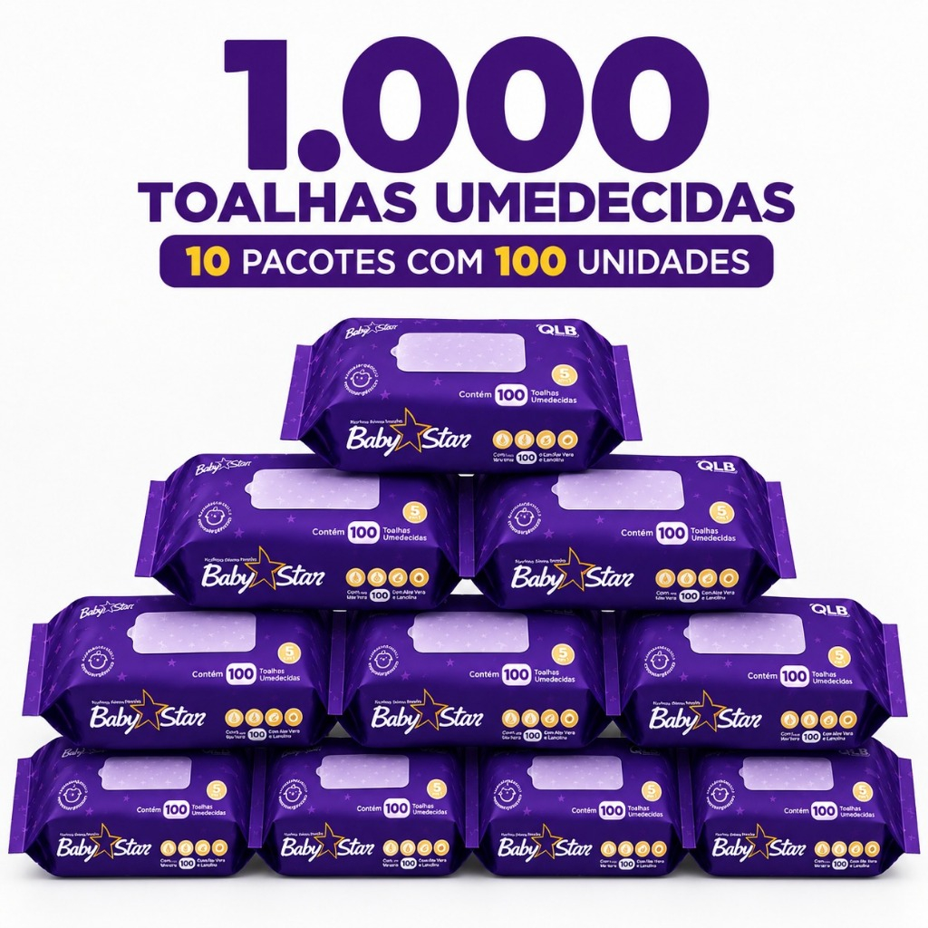 Caixa com 10 Lenços/Toalha Umedecidas Baby Star Roxa c/ 100 Unidades Cada – Sem Tampa FlipTop