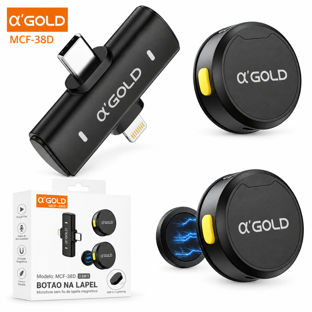 Microfone De Lapela Sem Fio Profissional Android Tipo-C e Iphone Lightning 2 em 1 Com Imã Agold MCF-38D