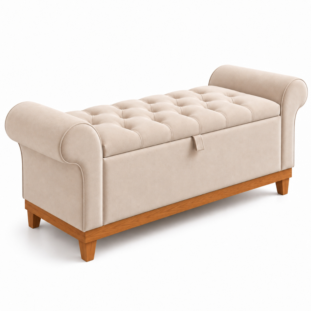 Puff Baú Recamier 120cm Capitonê Estofado Sapateira Banco Organizador Quarto Casal Calçadeira Pé da Cama Madeira Nobre