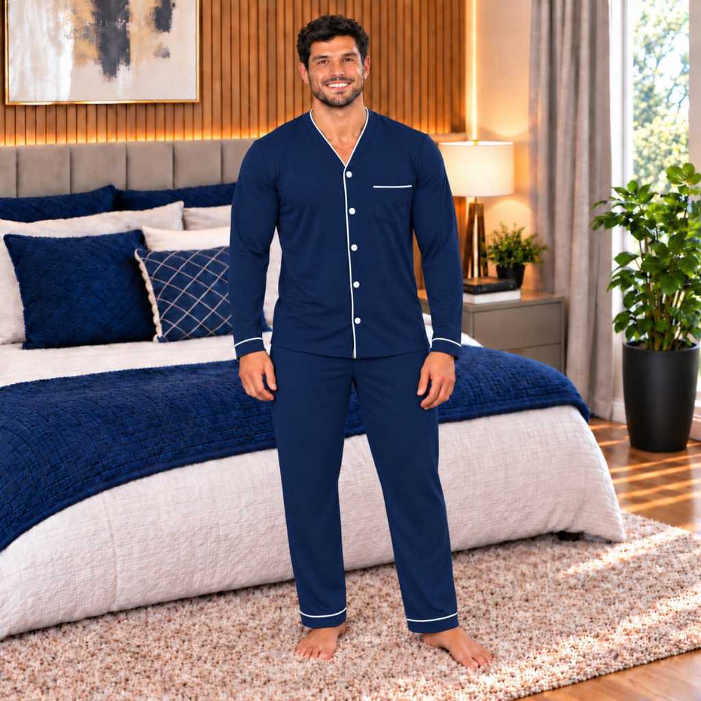 Pijama Americano Masculino Longo De Algodão Aberto Com Botões -- Confortável Inverno Luxo