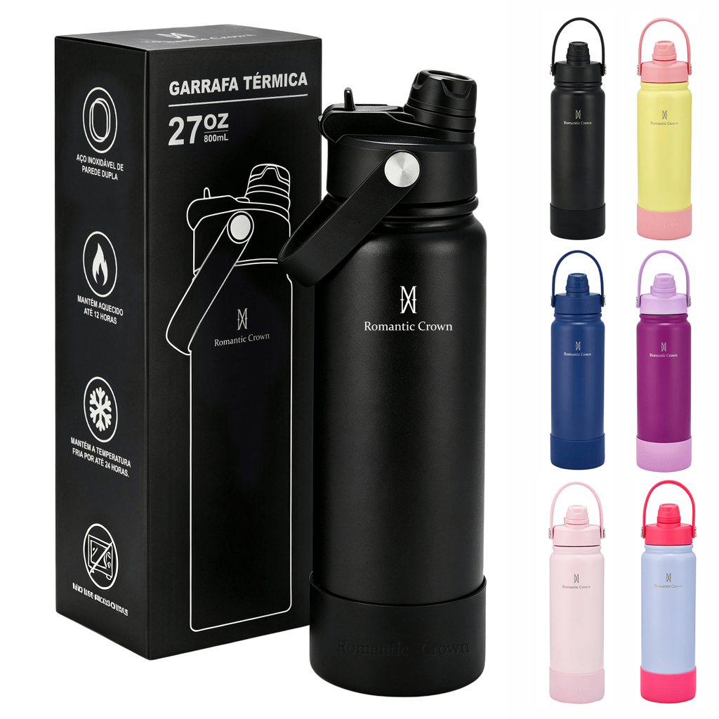 Imagem ROMANTIC CROWN Garrafa Térmica 800ml Aço Inox 304 com 2 Formas de Beber para Viagem e Esporte