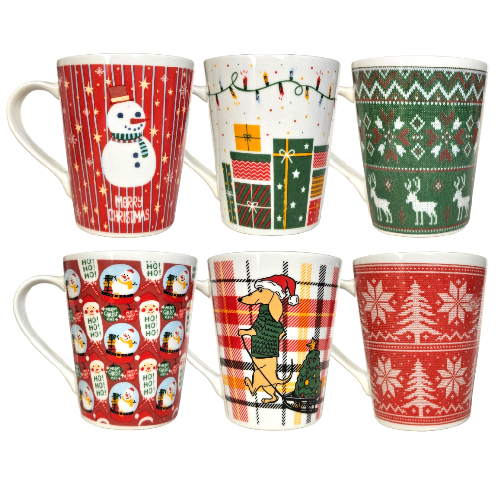 Canecas de porcelana brancas, cônicas, decoradas, 290 ml, xícara, café, chá, Col5-NATAL - 6 canecas