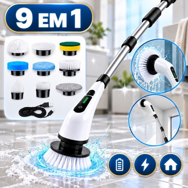 Escova Elétrica de Limpeza Rotativa 9 em 1 Esfregão Multiuso Bivolt com Cabo Extensível