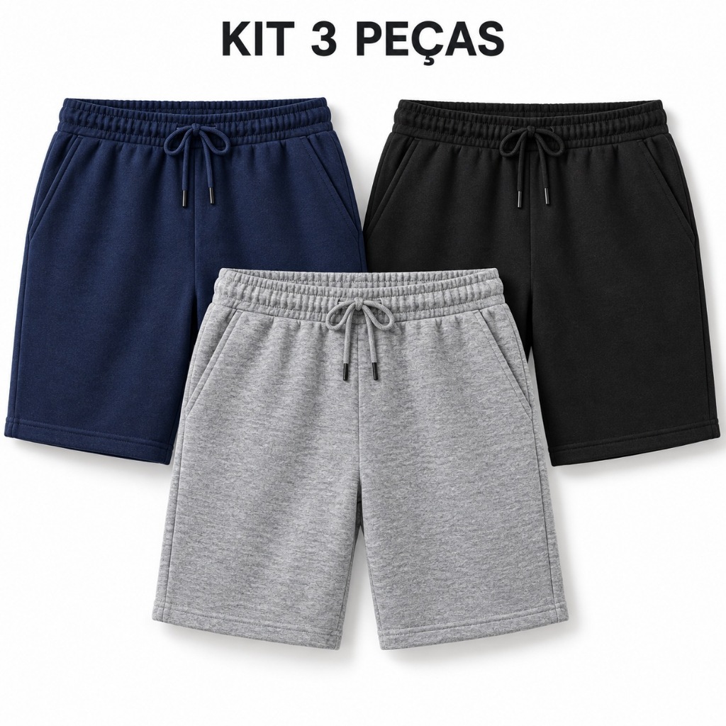 Kit 3 Shorts Masculinos de Moletom com Bolsos e Cordão Brazil Collection P ao GG Preto Azul Marinho Cinza Mescla